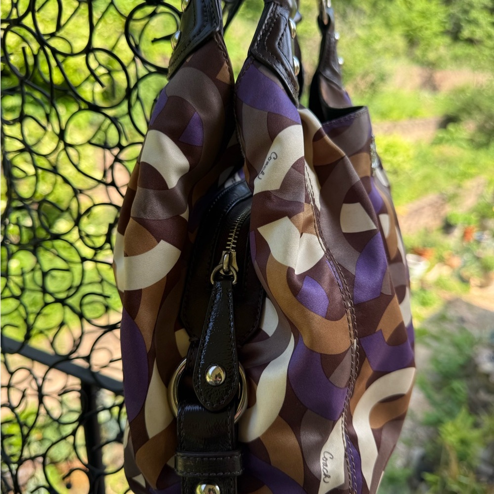 Coach Optic Legacy Hobo Shoulder Bag β Brown, Cream, & Purple Print - Picture 2 of 5